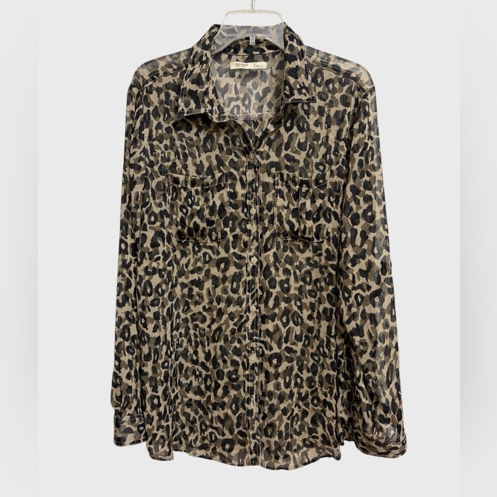 Old Navy Women's Animal Print Sheer Button Down Shirt Size XL Roll Tabs Preppy